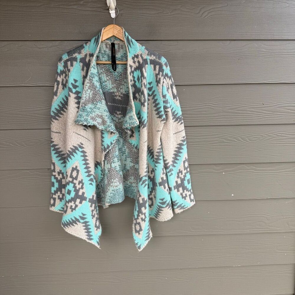 renee c sweater Open Aztec Bohemian Size Medium Wool & Mohair Gray Teal